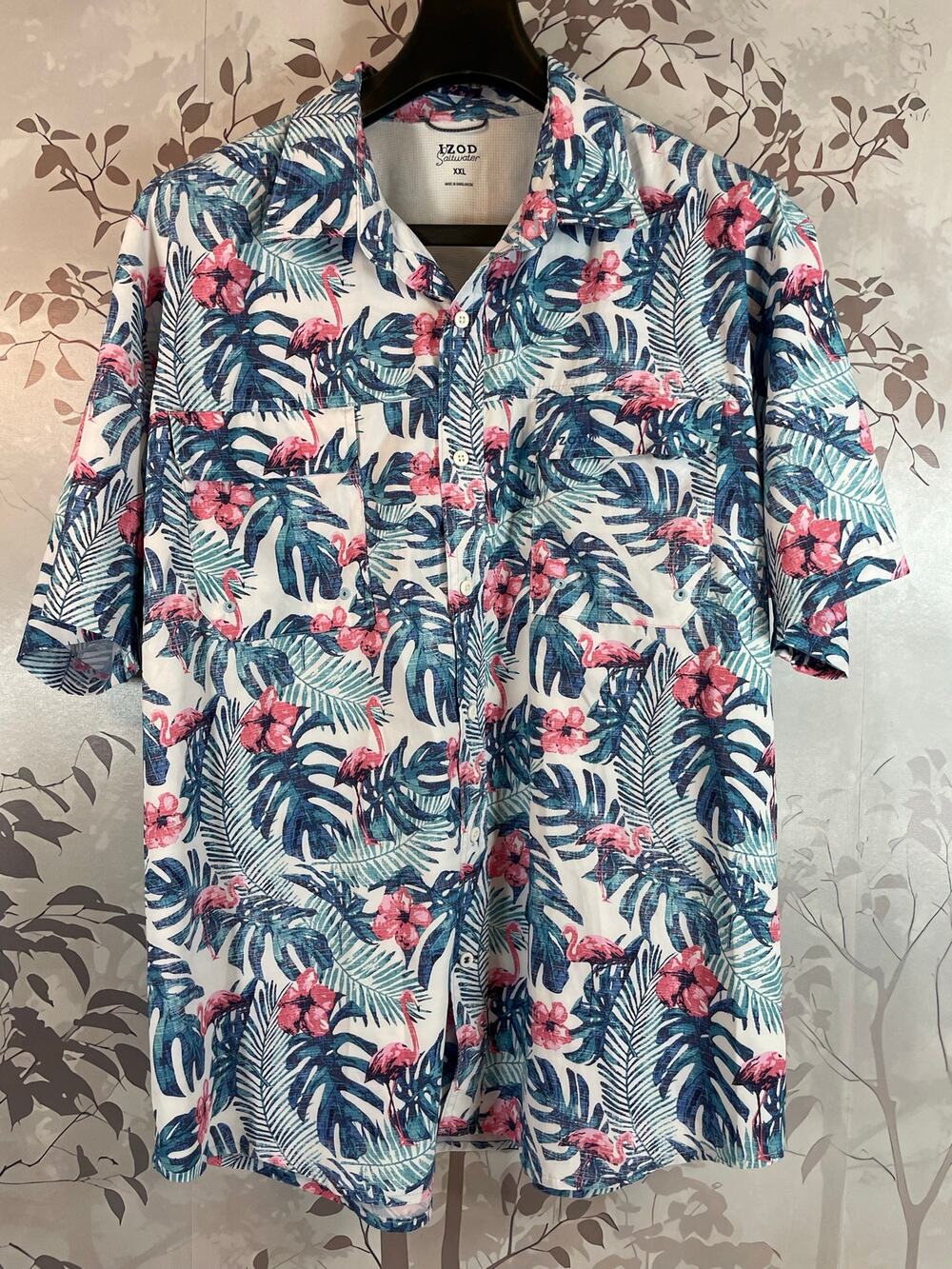 IZOD Saltwater Tropical Flamingo Vented Fishing Shirt Blue XXL Button Down Casua